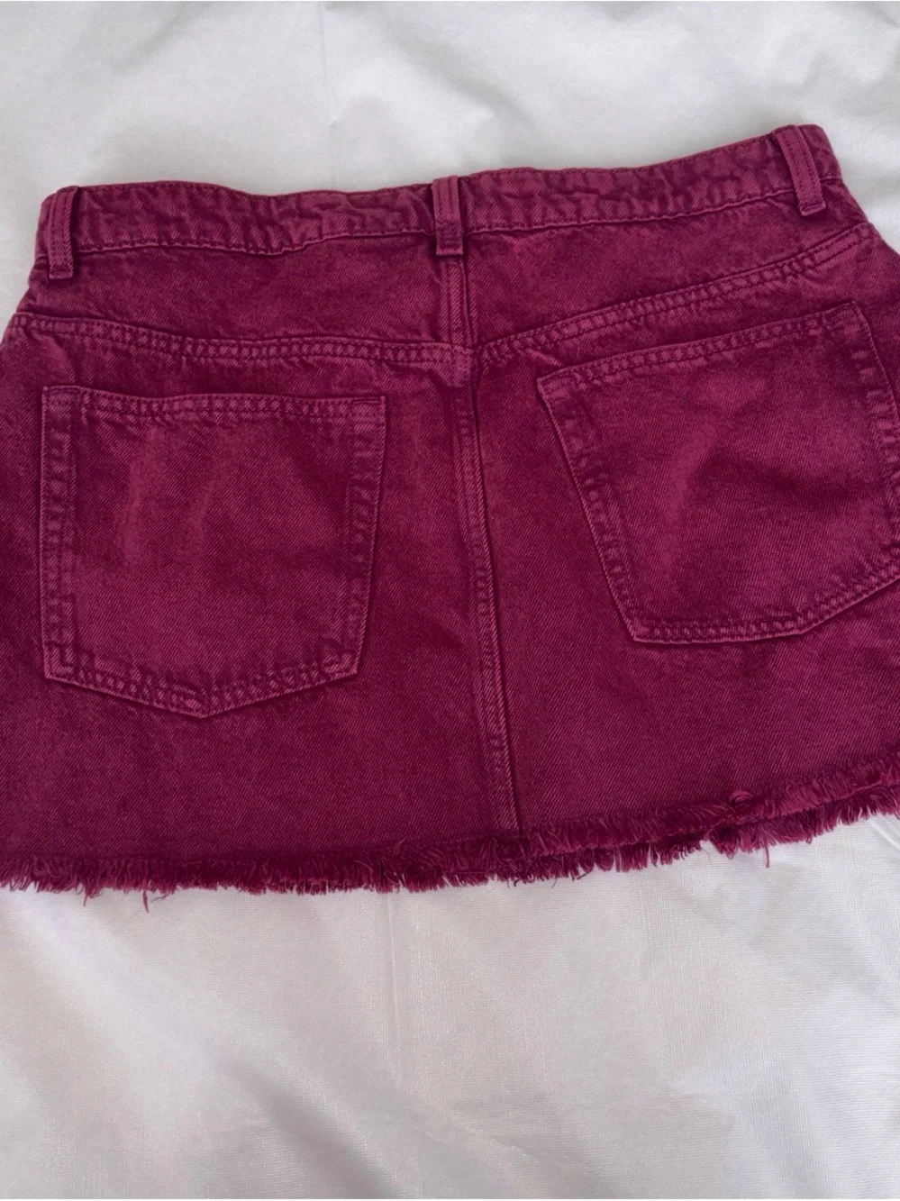 Divided Wine Denim Mini Skirt with Frayed Hem